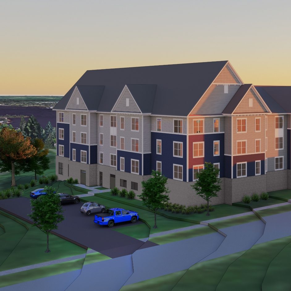 Rendering of four story housing project with cars parked outside